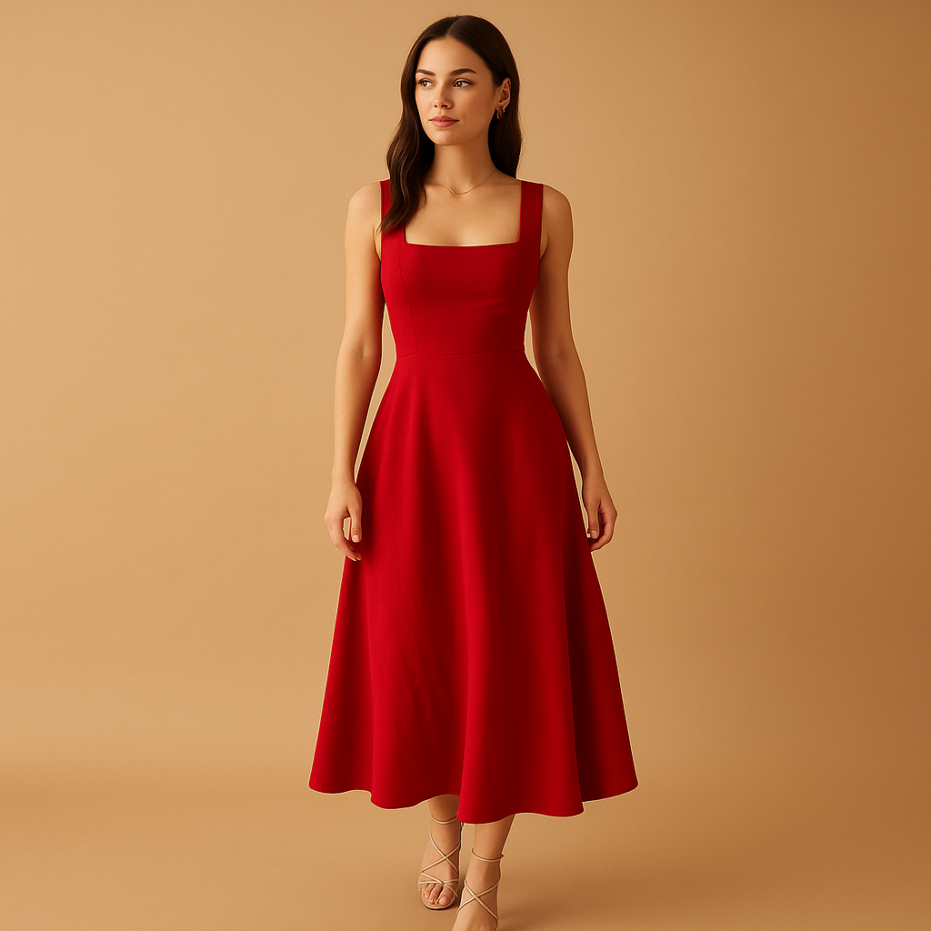 Women's midi dress with square neckline and lace-up closure.