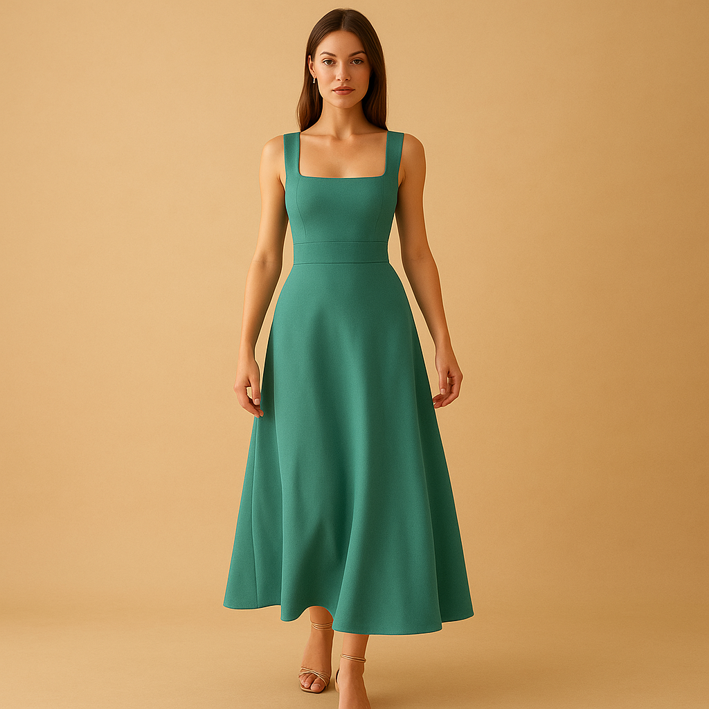 Women's midi dress with square neckline and lace-up closure.