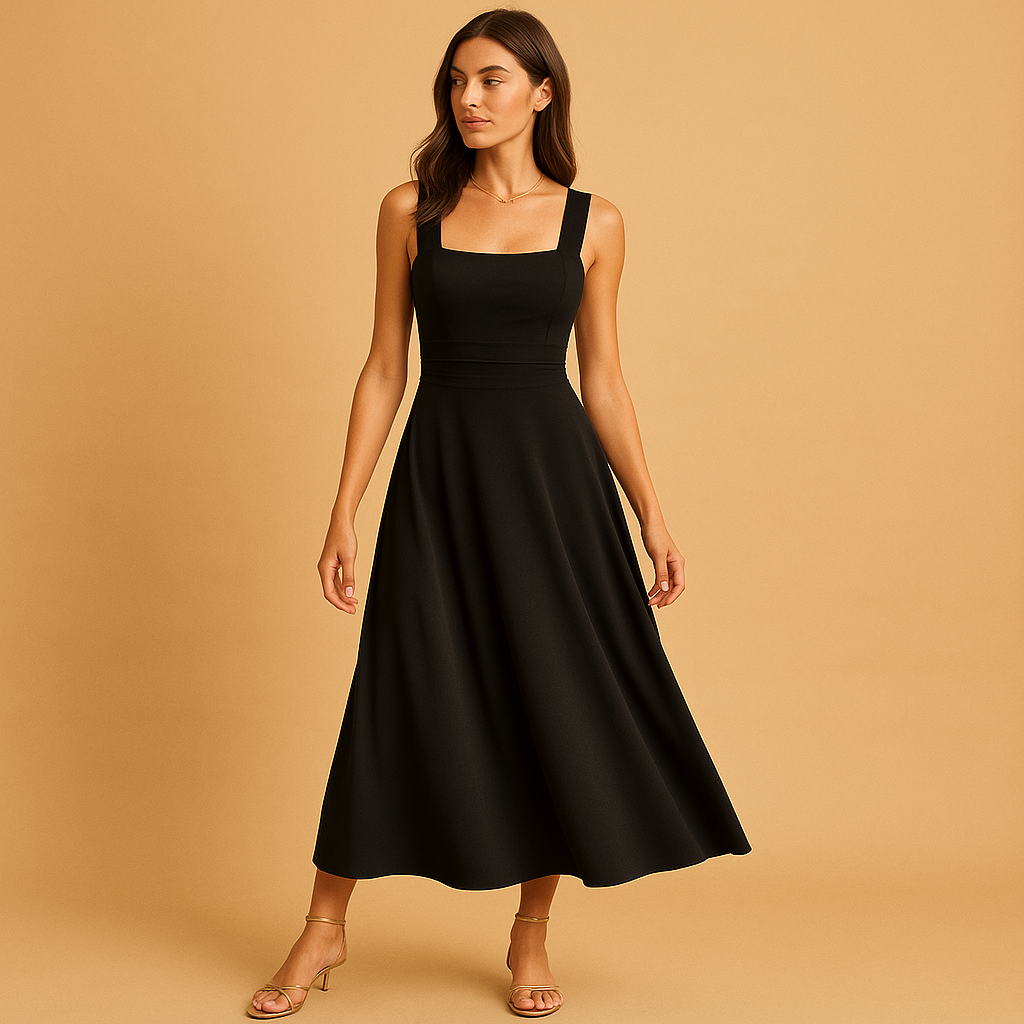 Women's midi dress with square neckline and lace-up closure.