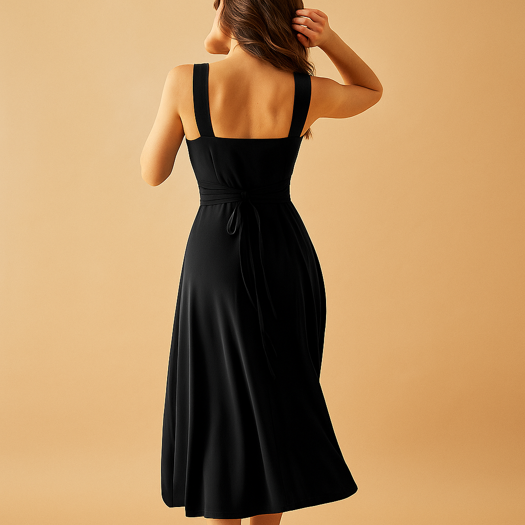 Women's midi dress with square neckline and lace-up closure.