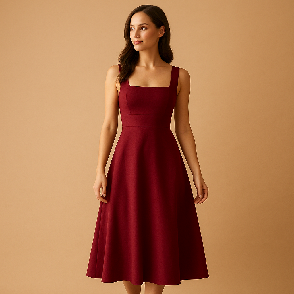 Women's midi dress with square neckline and lace-up closure.