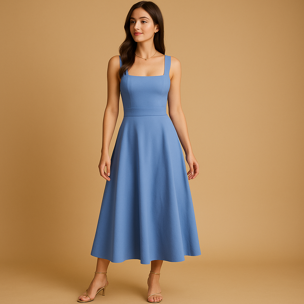 Women's midi dress with square neckline and lace-up closure.