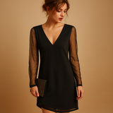 Women's mini dress with V-neck and long sleeves.