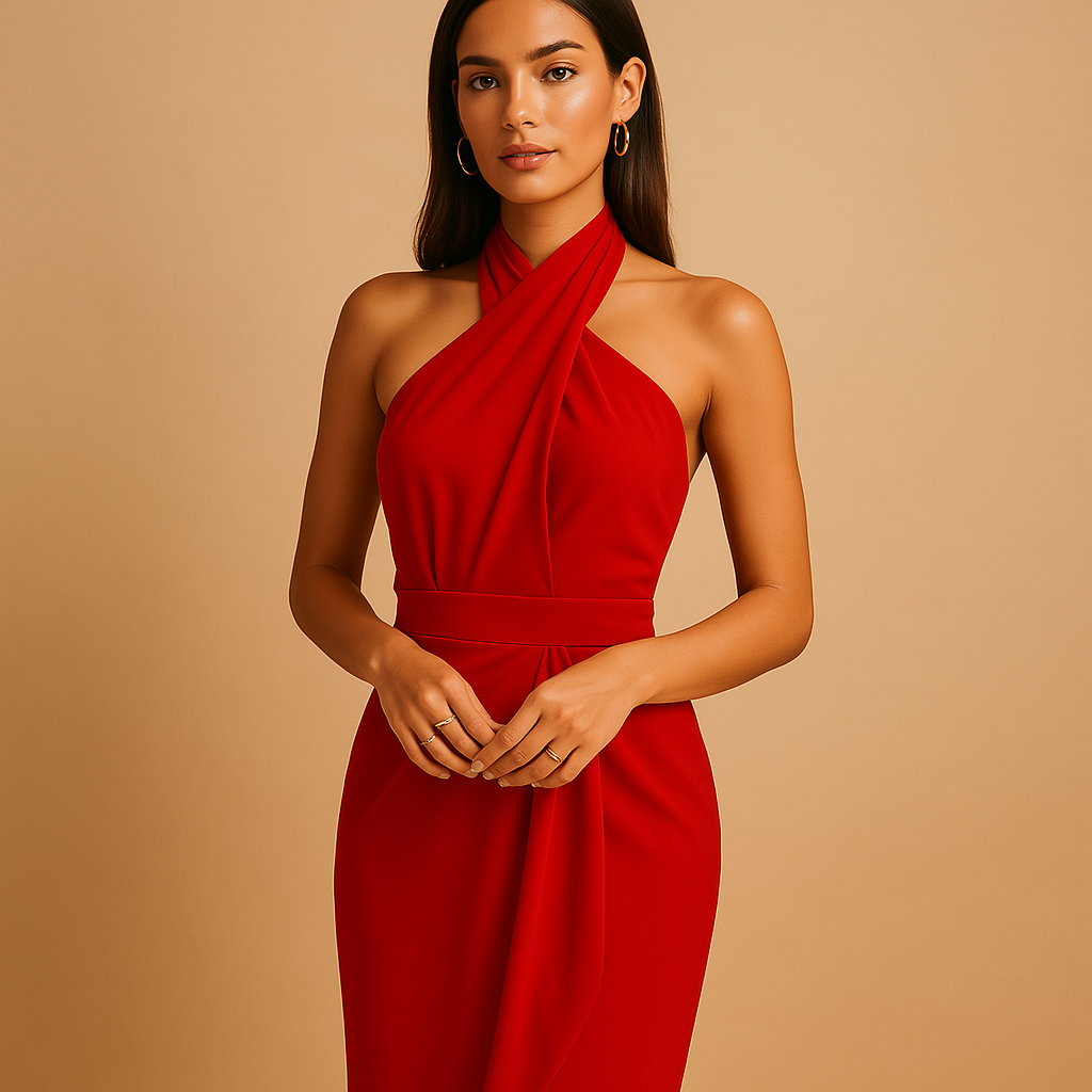Elegant halter dress with a modern twist for women.
