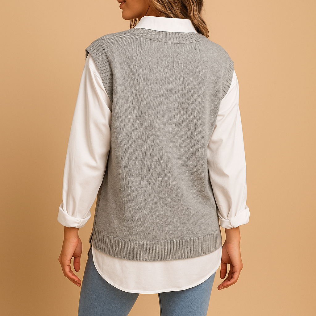Sleeveless cable knit V-neck cardigan for women.