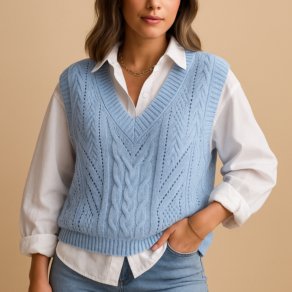 Sleeveless cable knit V-neck cardigan for women.