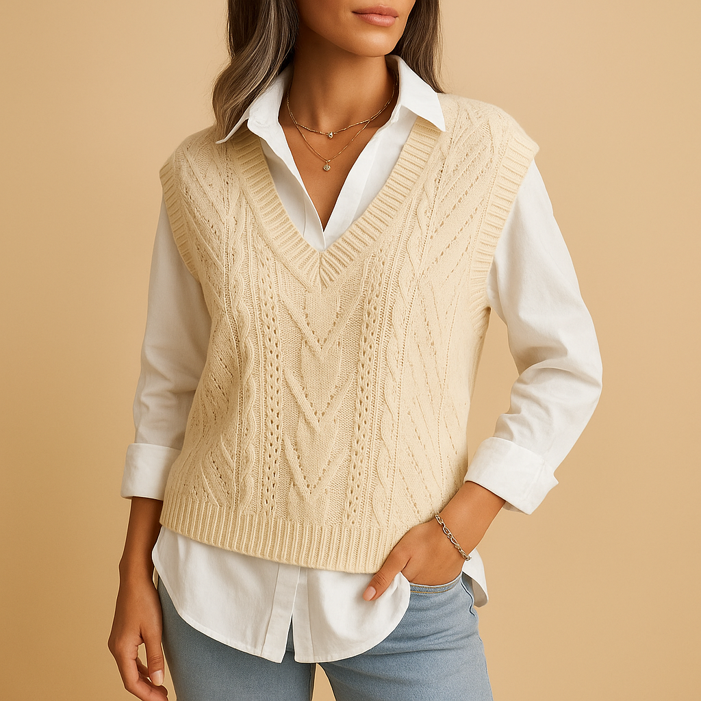 Sleeveless cable knit V-neck cardigan for women.