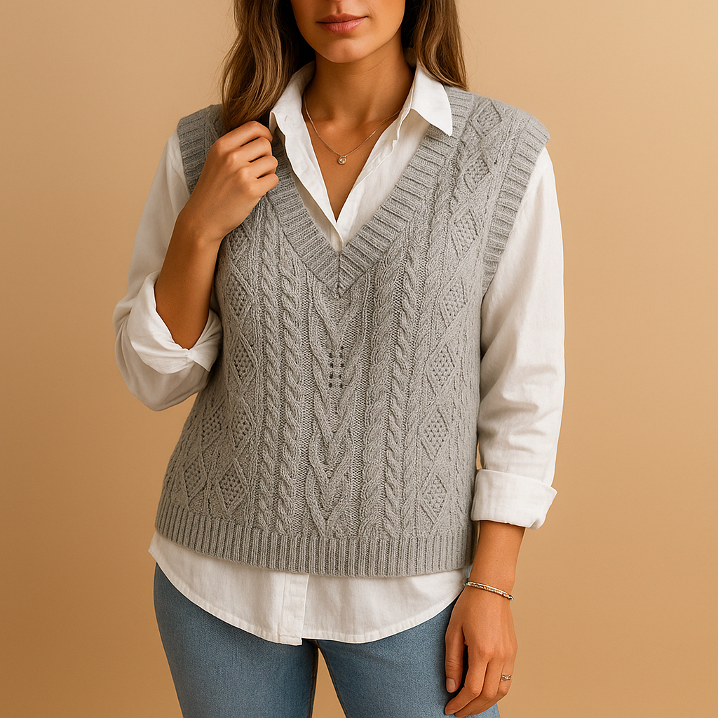 Sleeveless cable knit V-neck cardigan for women.