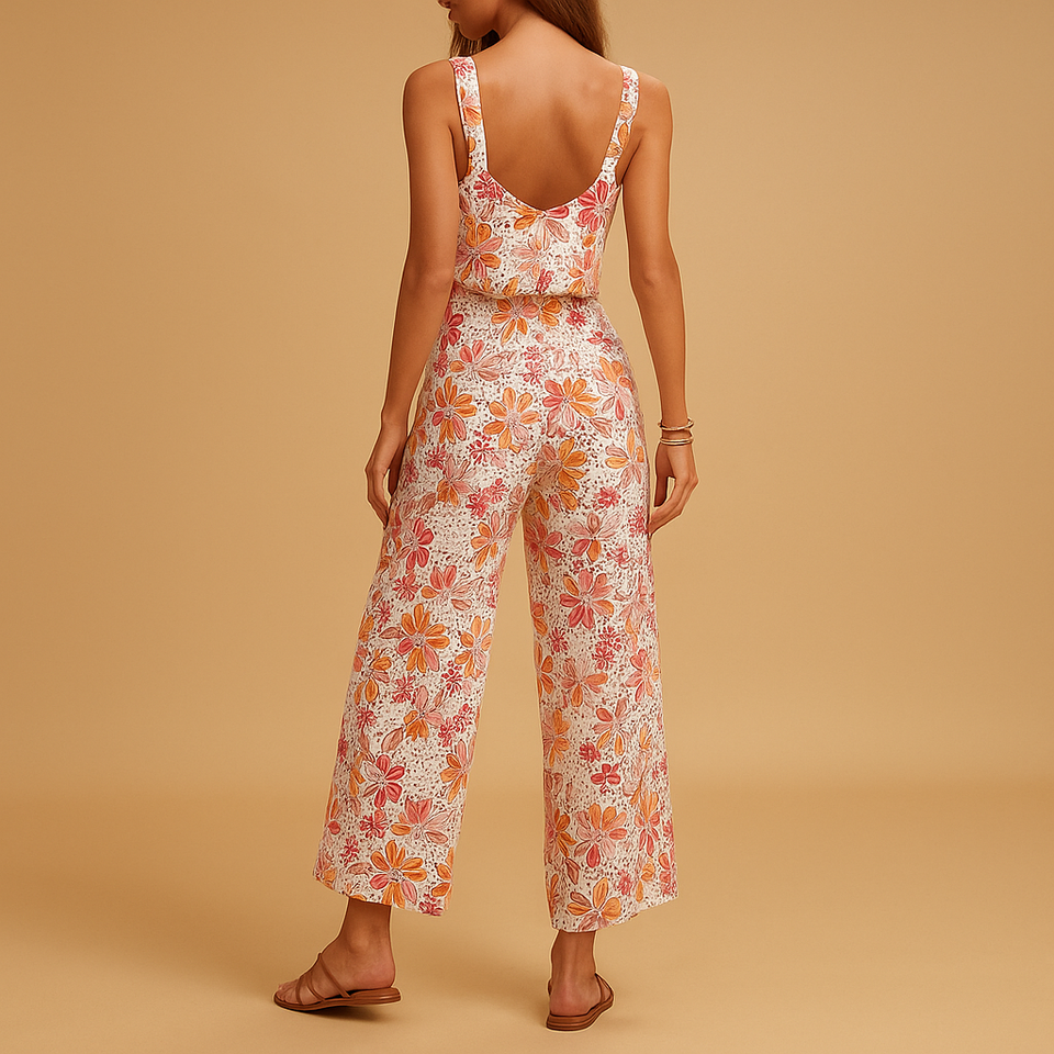 Sleeveless floral jumpsuit with square neckline for women.