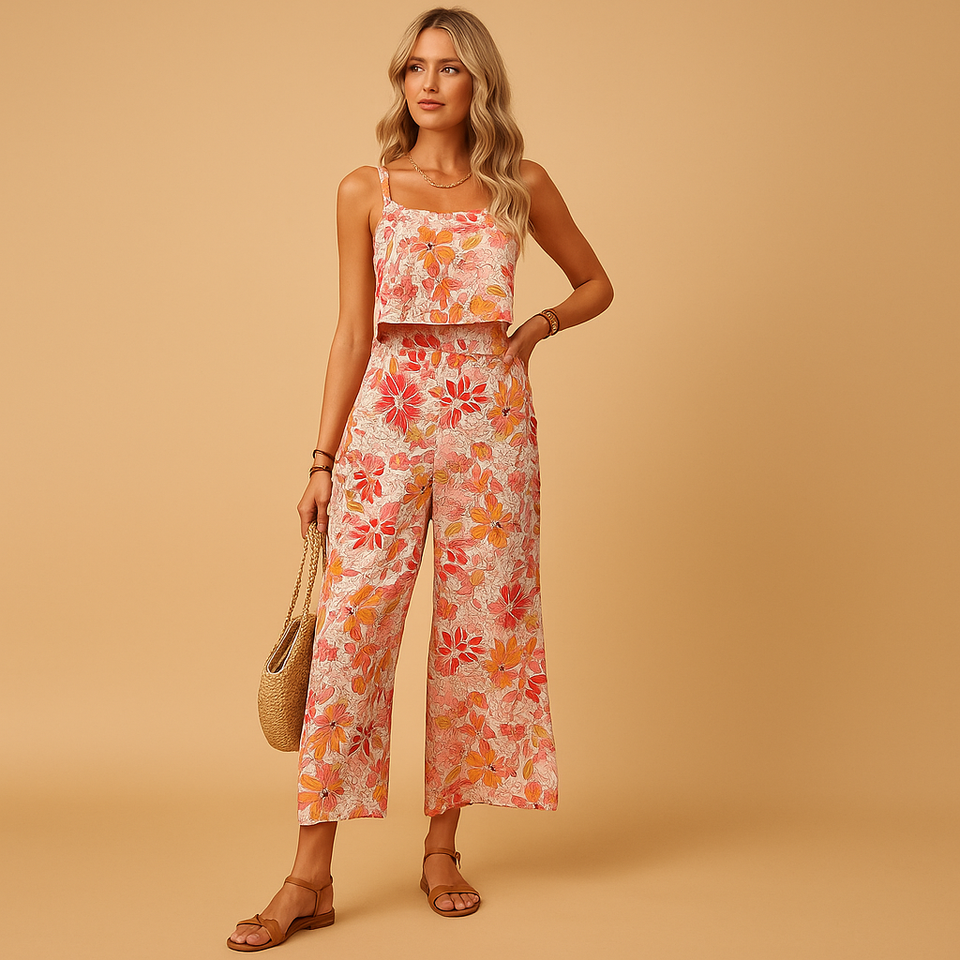 Sleeveless floral jumpsuit with square neckline for women.