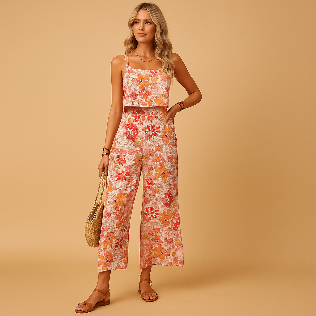 Sleeveless floral jumpsuit with square neckline for women.