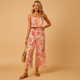 Sleeveless floral jumpsuit with square neckline for women.
