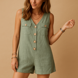 Sleeveless jumpsuit with button details for women.
