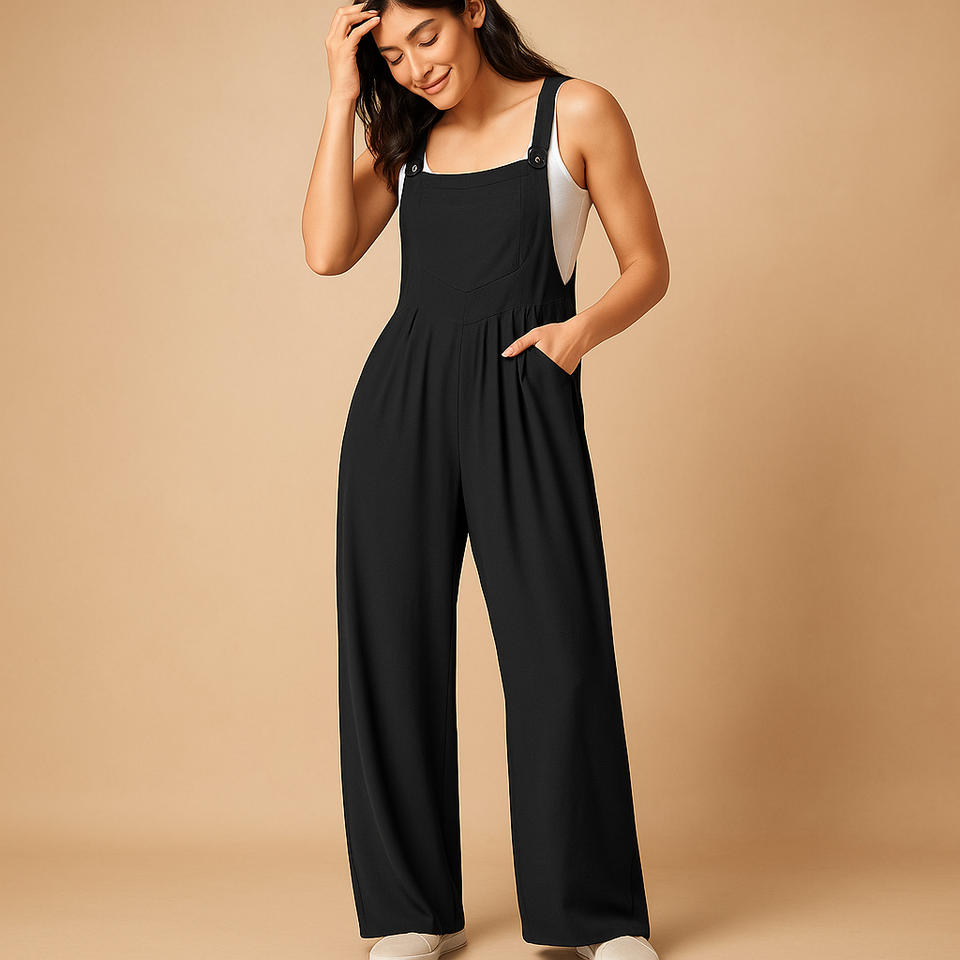 Sleeveless jumpsuit with pockets and gathered design for women.