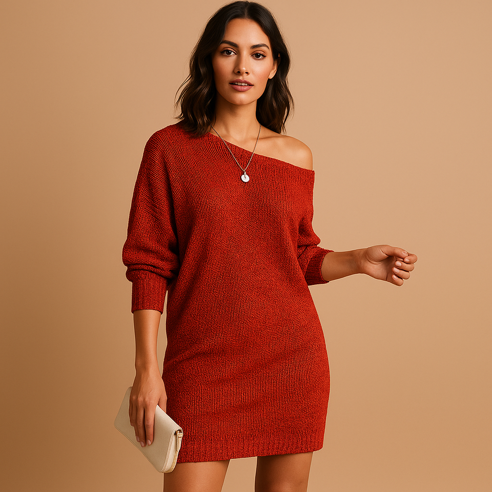 Off-shoulder midi dress with an elegant fit for women.