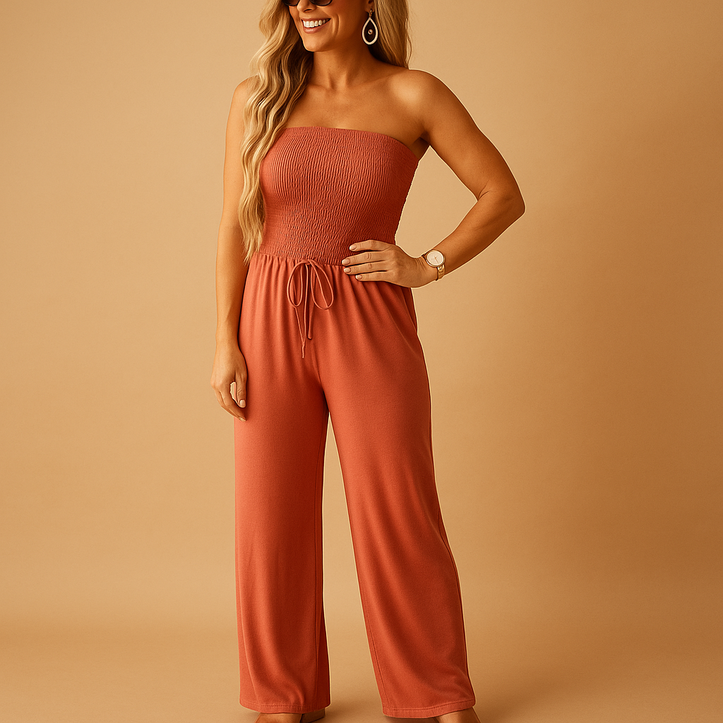 Off-shoulder summer jumpsuit with an elegant fit for women.
