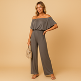 Off-shoulder summer jumpsuit with loose silhouette for women.
