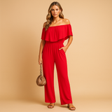 Off-shoulder summer jumpsuit with loose silhouette for women.