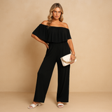 Off-shoulder summer jumpsuit with loose silhouette for women.