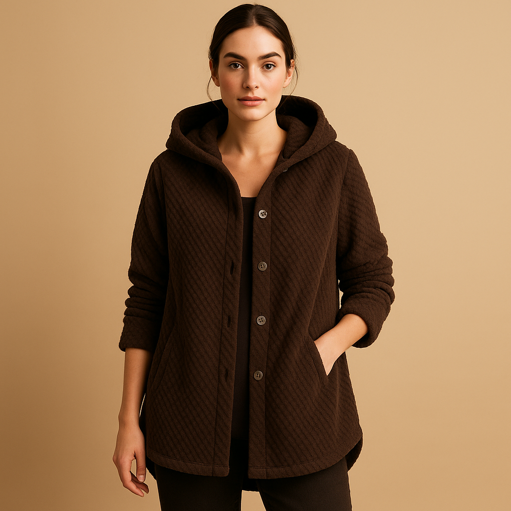 Reversible fleece jacket with hood for women.