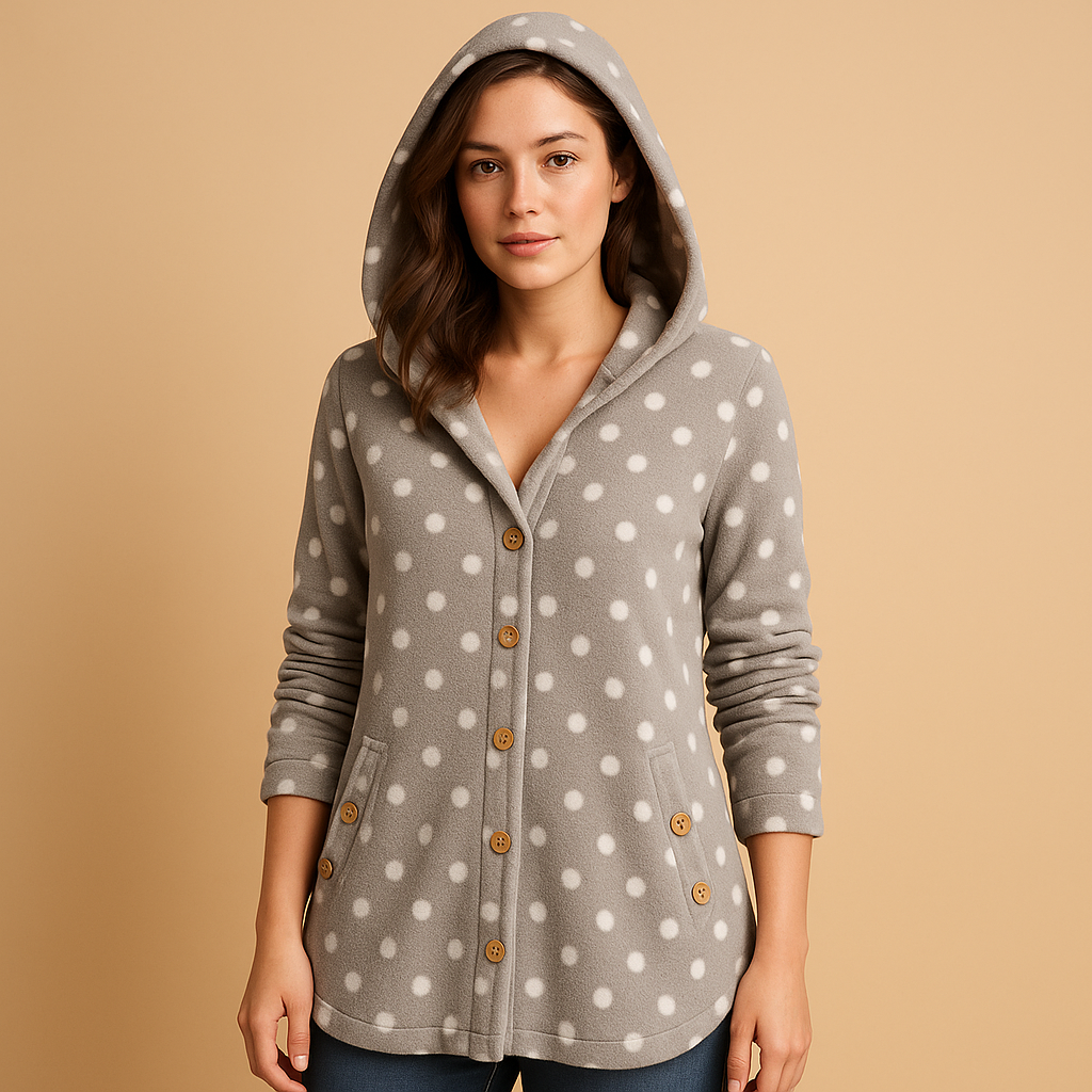 Reversible fleece jacket with hood for women.