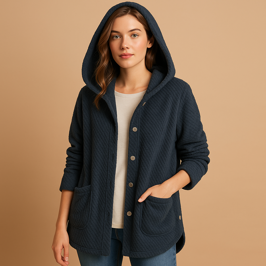 Reversible fleece jacket with hood for women.