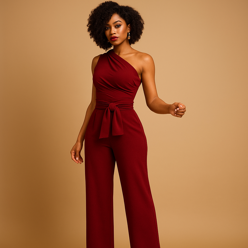 One-shoulder jumpsuit with wide legs for women.
