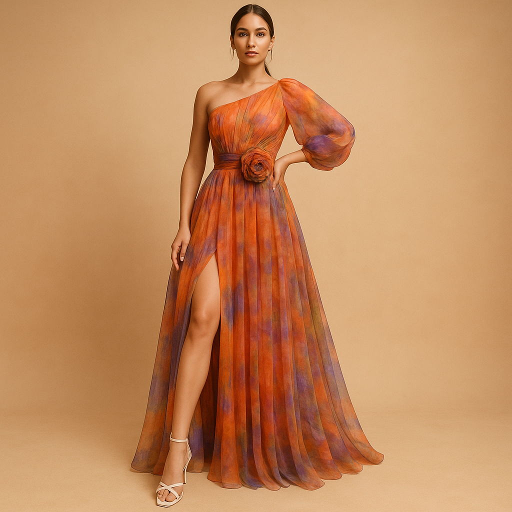 One-shoulder beach dress with slit for women.