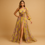 One-shoulder beach dress with slit for women.