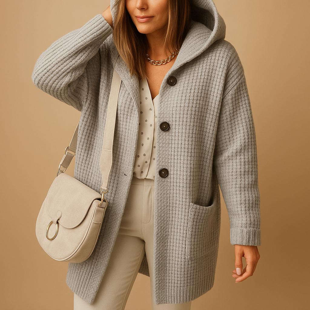 Open knit women's cardigan with long front.