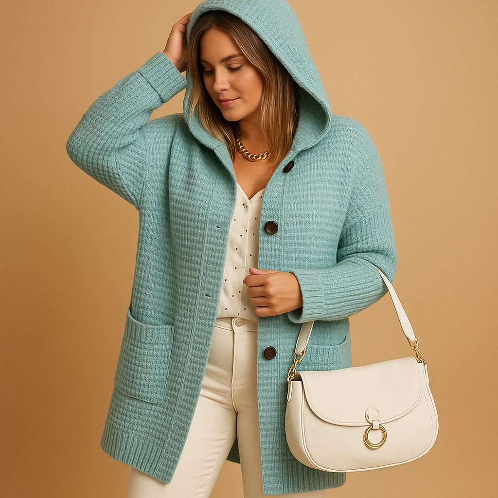 Open knit women's cardigan with long front.