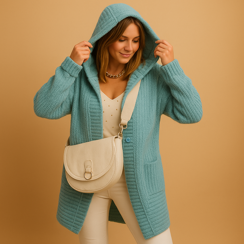 Open knit women's cardigan with long front.