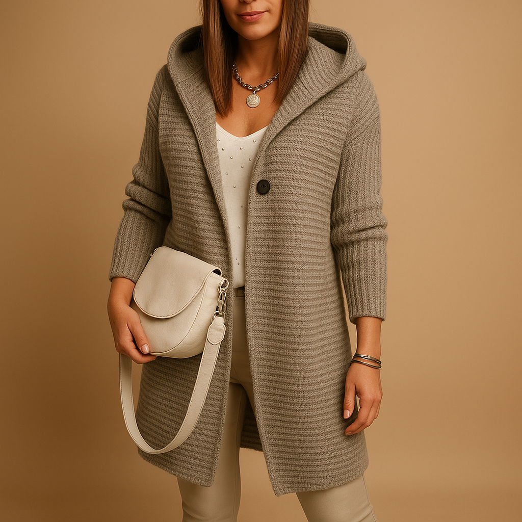 Open knit women's cardigan with long front.