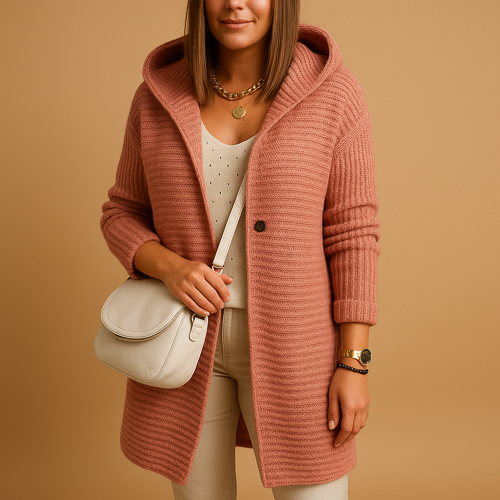 Open knit women's cardigan with long front.