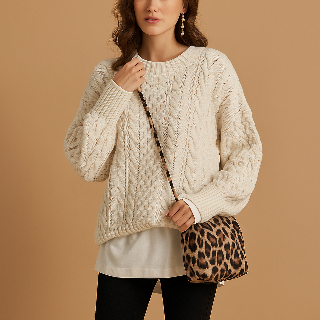Oversized chunky knit women's sweater with round neck.