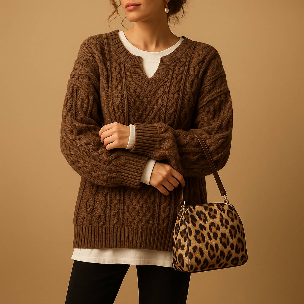 Oversized chunky knit women's sweater with round neck.