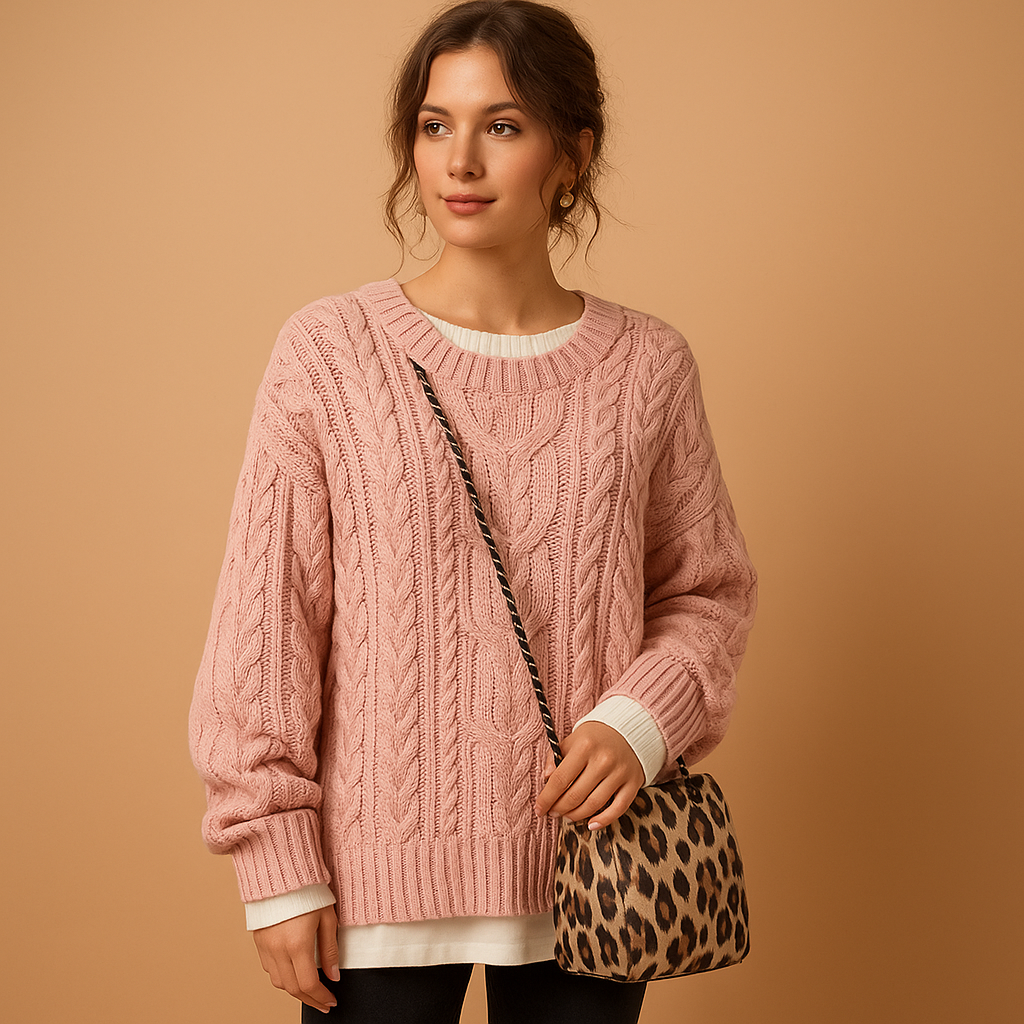 Oversized chunky knit women's sweater with round neck.