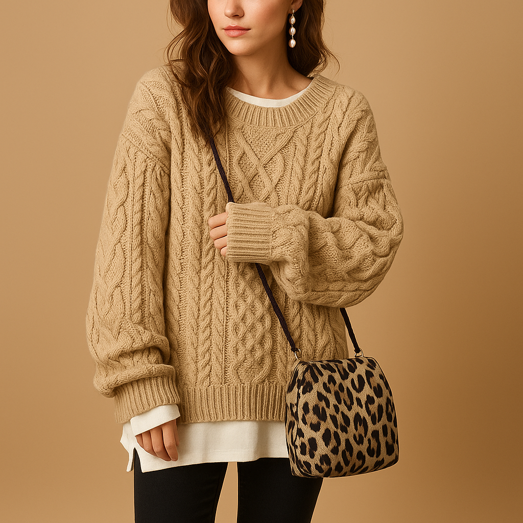 Oversized chunky knit women's sweater with round neck.