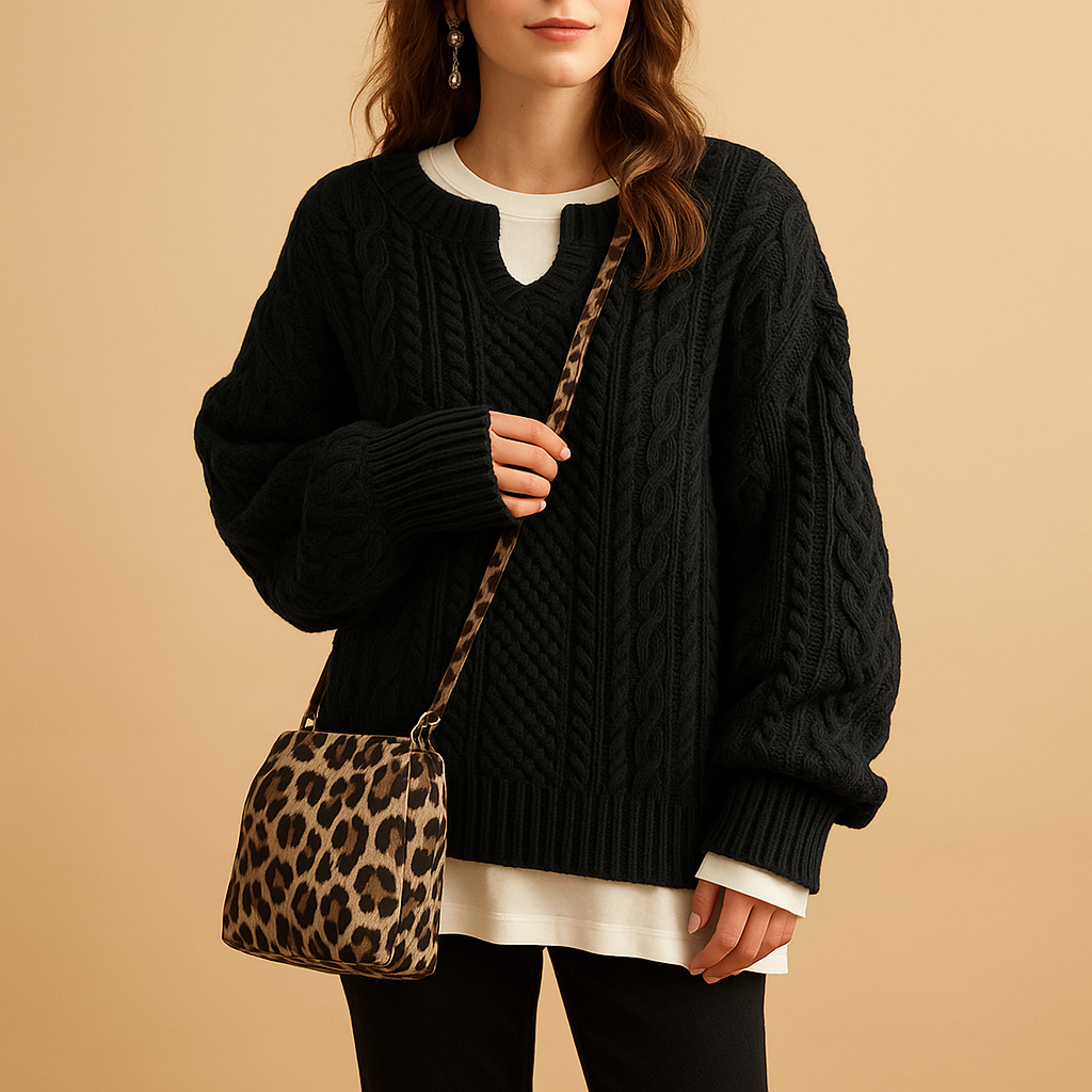 Oversized chunky knit women's sweater with round neck.