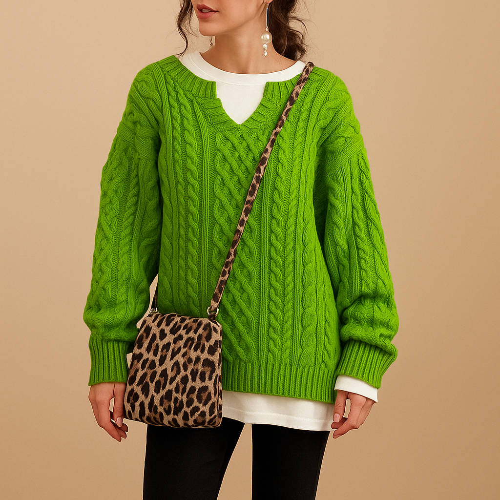 Oversized chunky knit women's sweater with round neck.