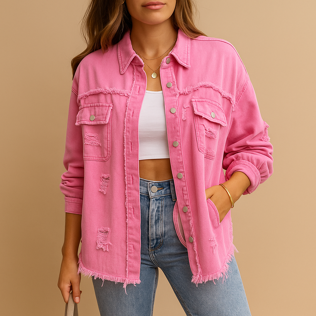 Oversized denim jacket with distressed look for women