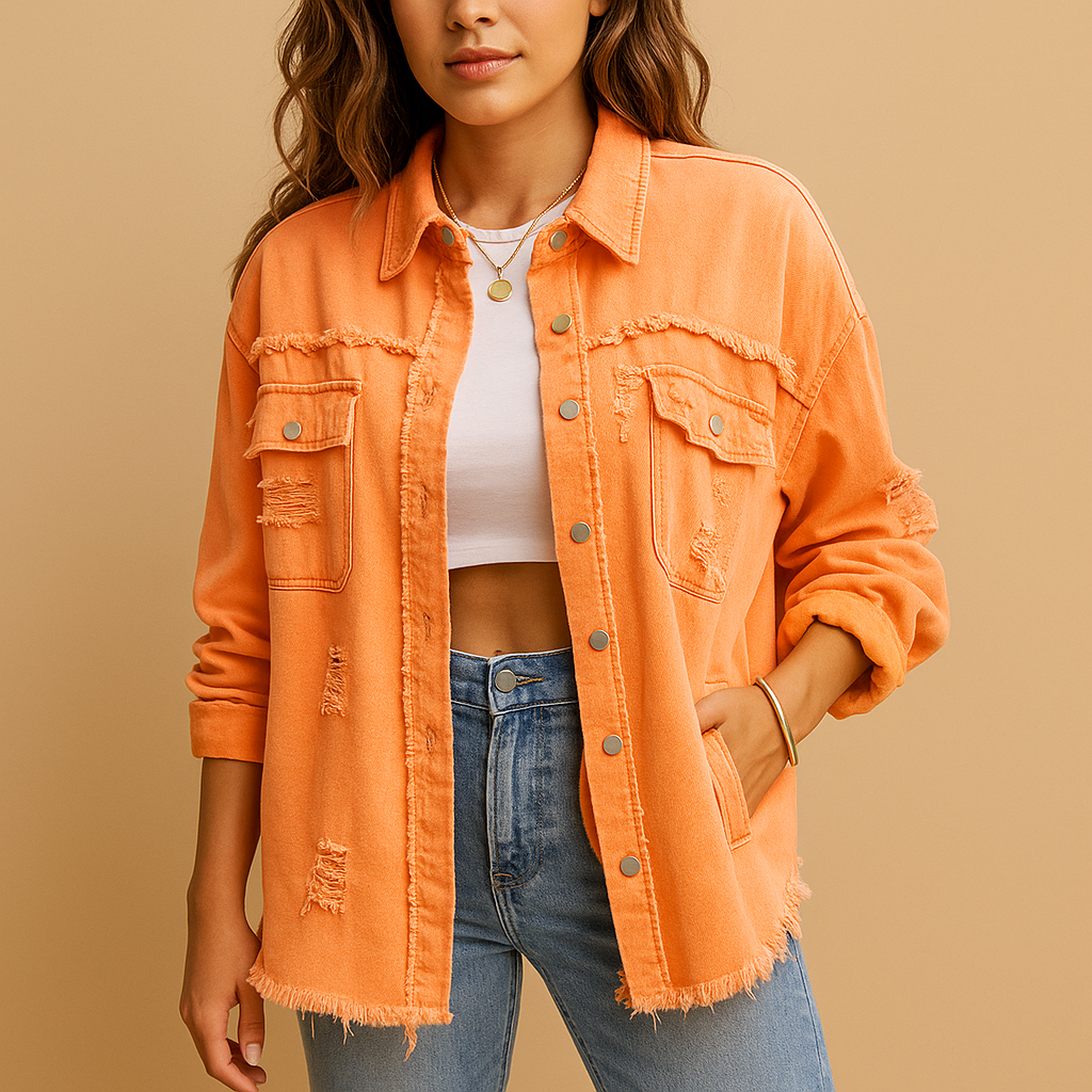 Oversized denim jacket with distressed look for women