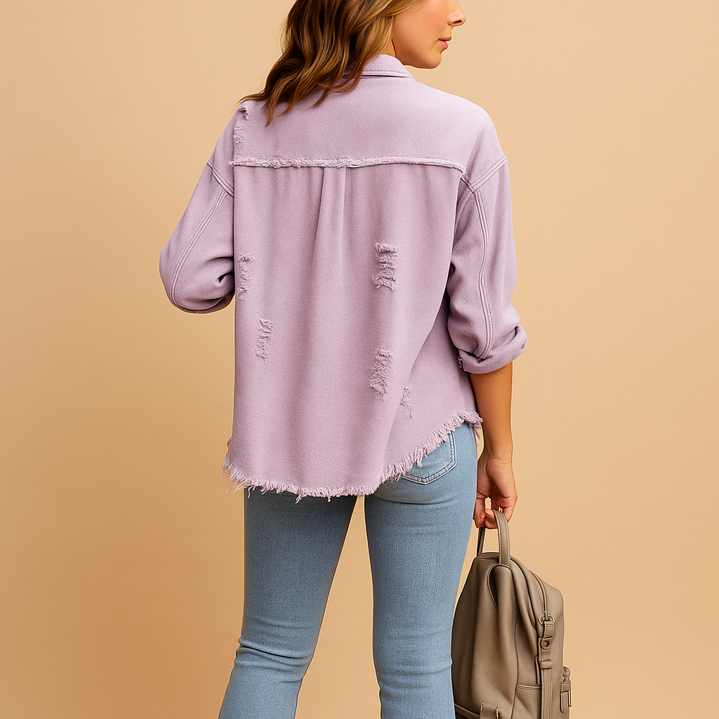 Oversized denim jacket with distressed look for women