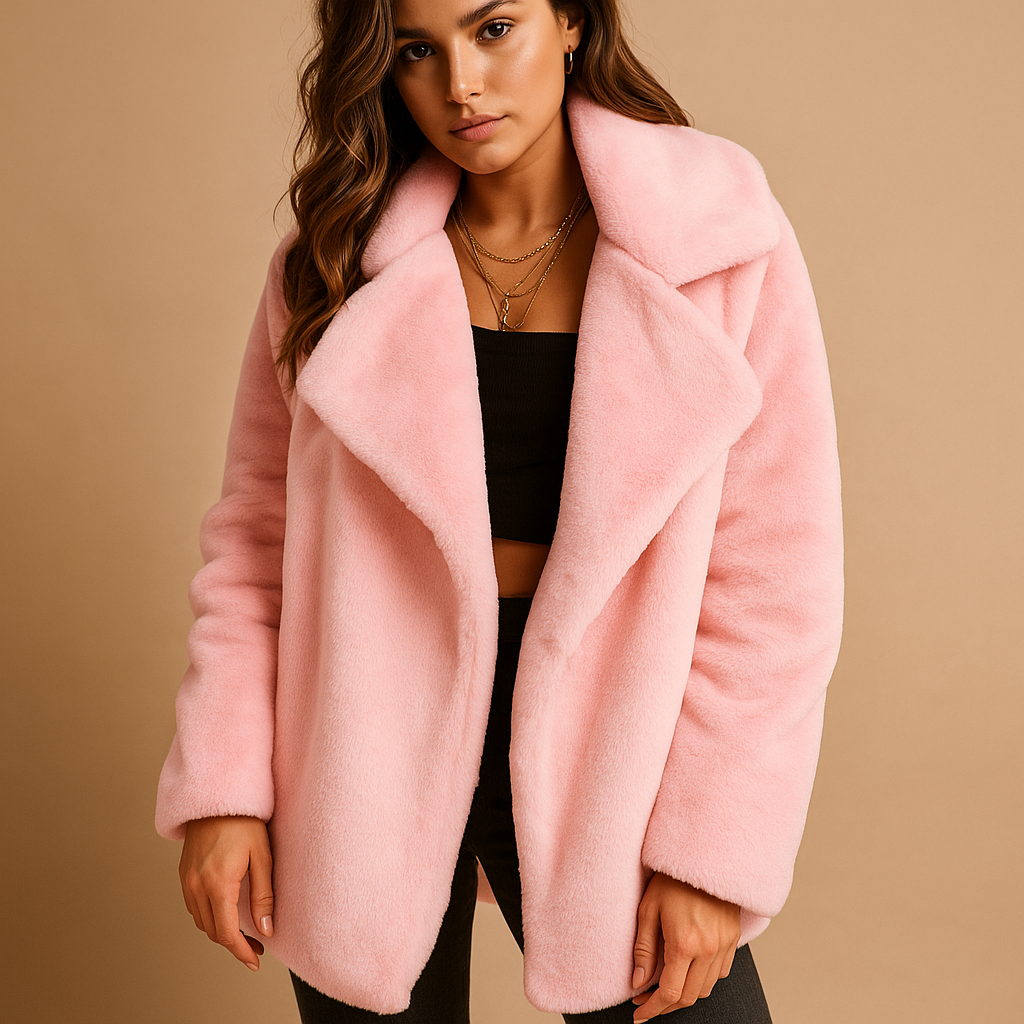 Plush winter coat with lapel collar for women