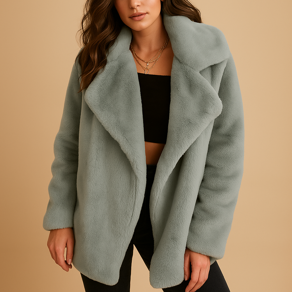 Plush winter coat with lapel collar for women