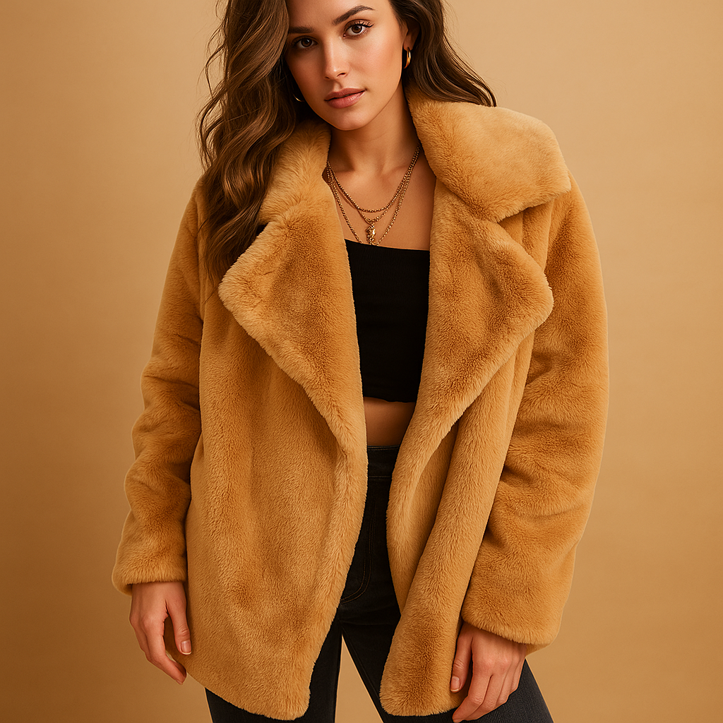 Plush winter coat with lapel collar for women