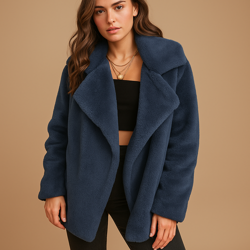 Plush winter coat with lapel collar for women