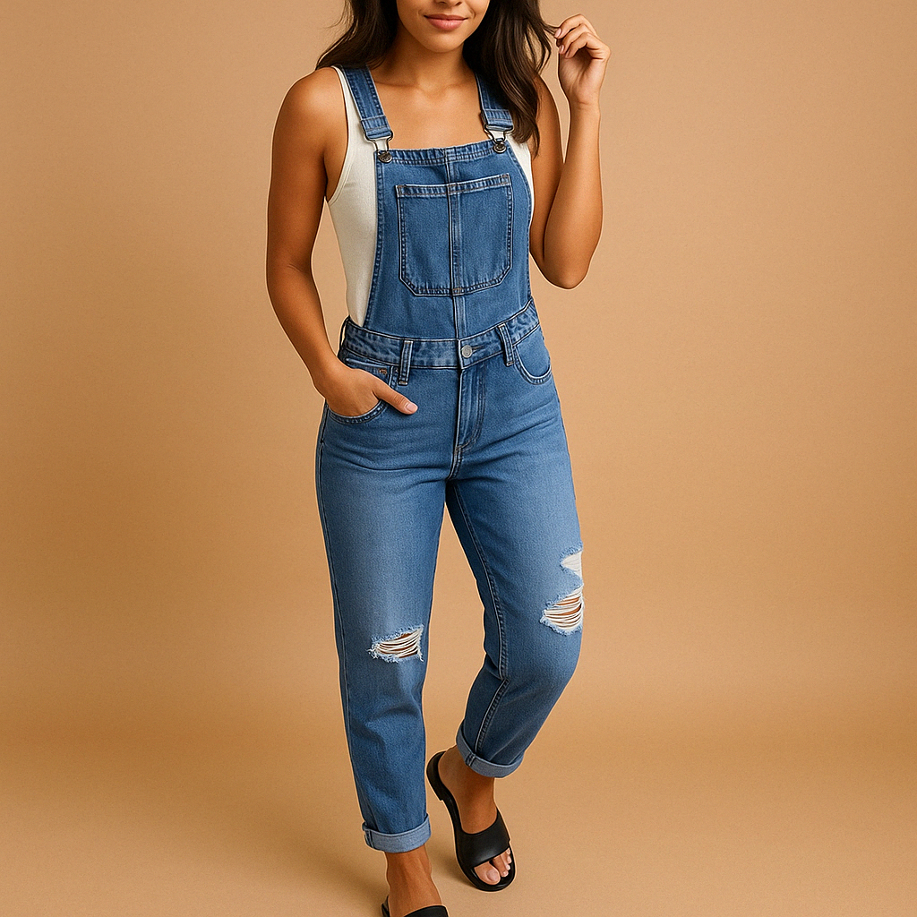 Ripped denim overalls with adjustable straps for women.