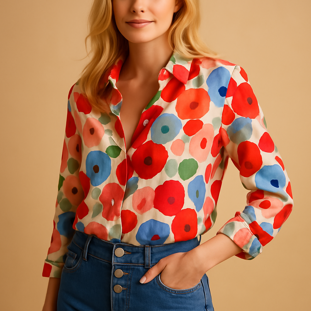 Red floral blouse with long sleeves for women