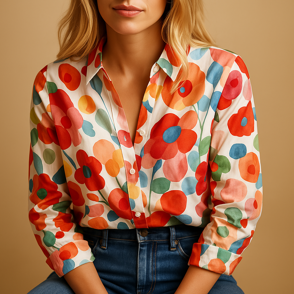 Red floral blouse with long sleeves for women